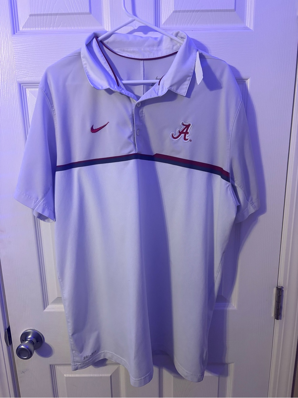 Nike White Polo with Crimson Alabama A and Stripe